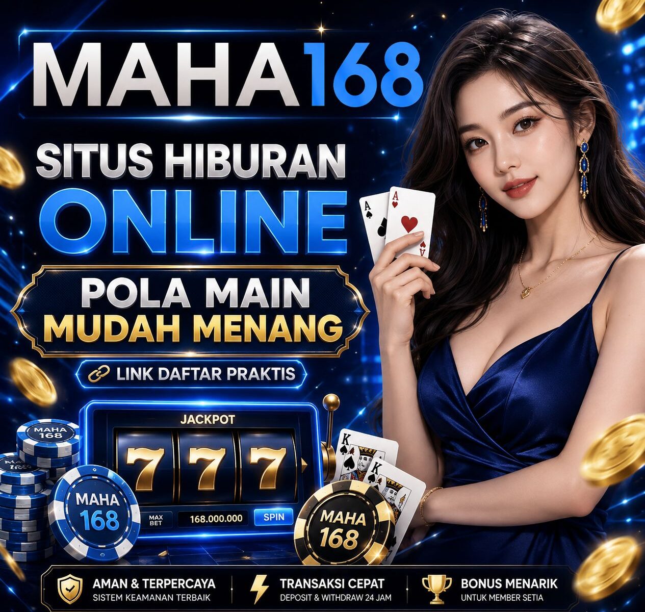 Spanduk resmi Maha168 menampilkan platform game interaktif terpercaya dan bonus menarik